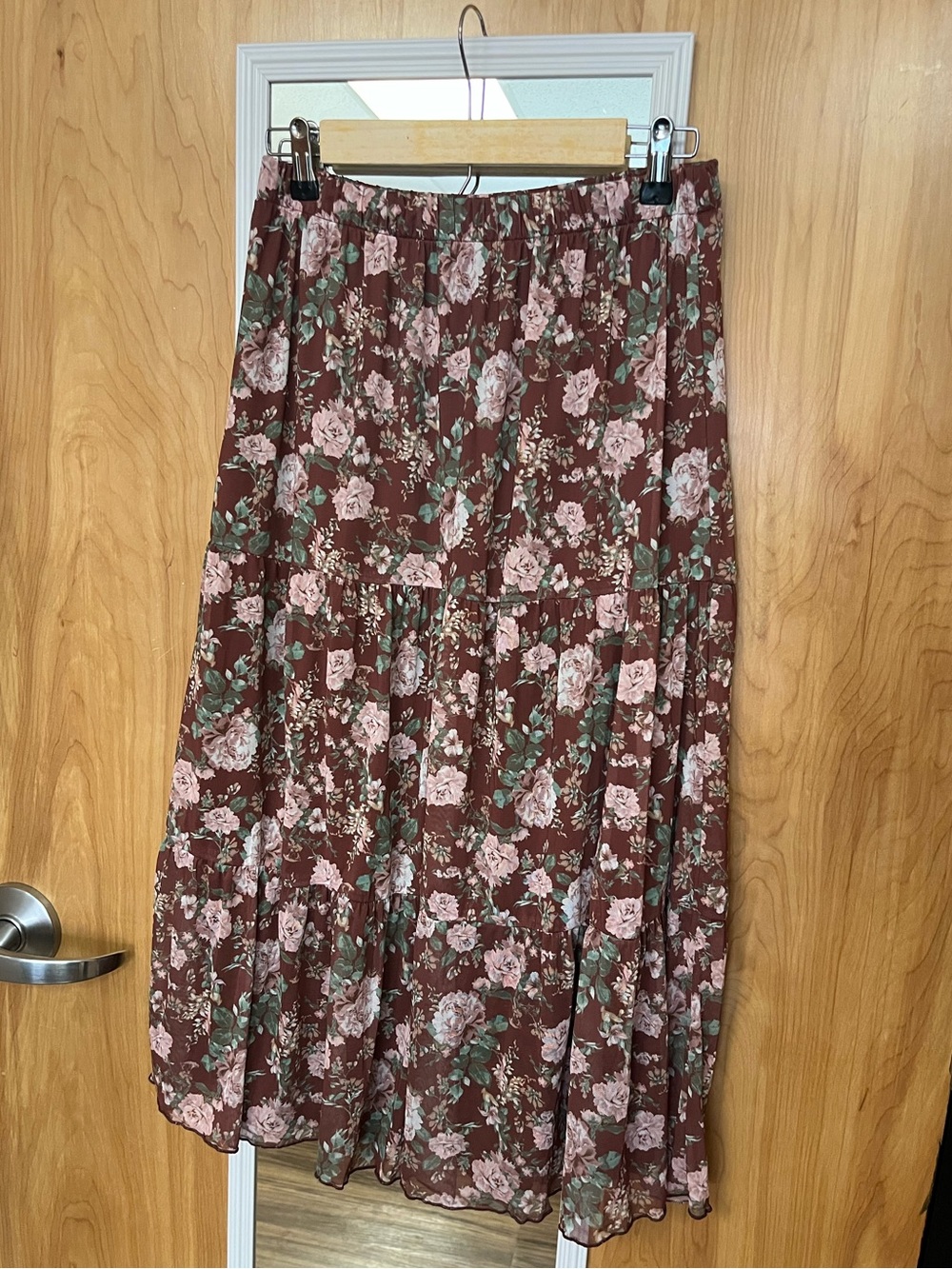 Alterd State Brown and Pink Floral Tiered Midi Skirt